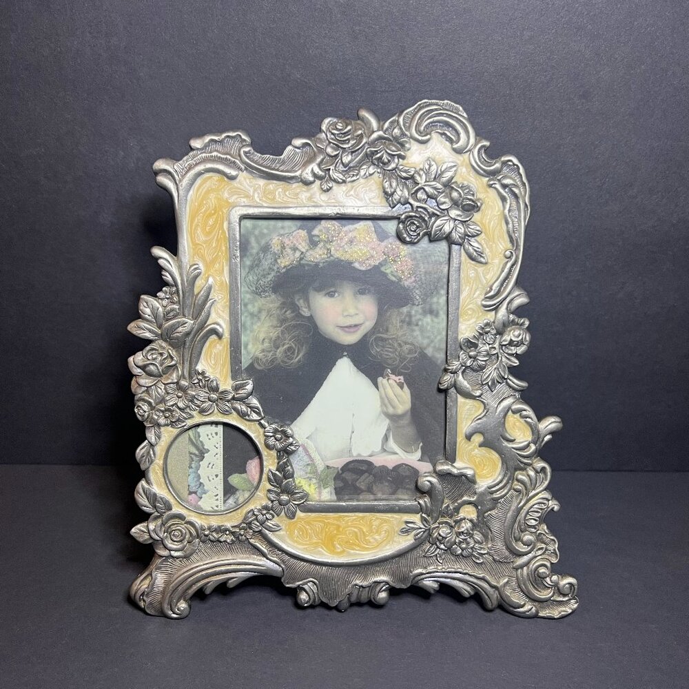 Victorian Style Cream Colored Enamel & Pewter Ornate Floral Double Photo Frame